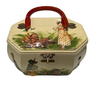 Vintage 1960s Lacquered Wooden Hexagon Purse Raised Painted Figures Children